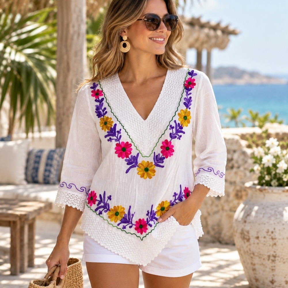 Shubham White Cotton Floral Embroidered Boho Blouse Lace Trim V-Neck Medium